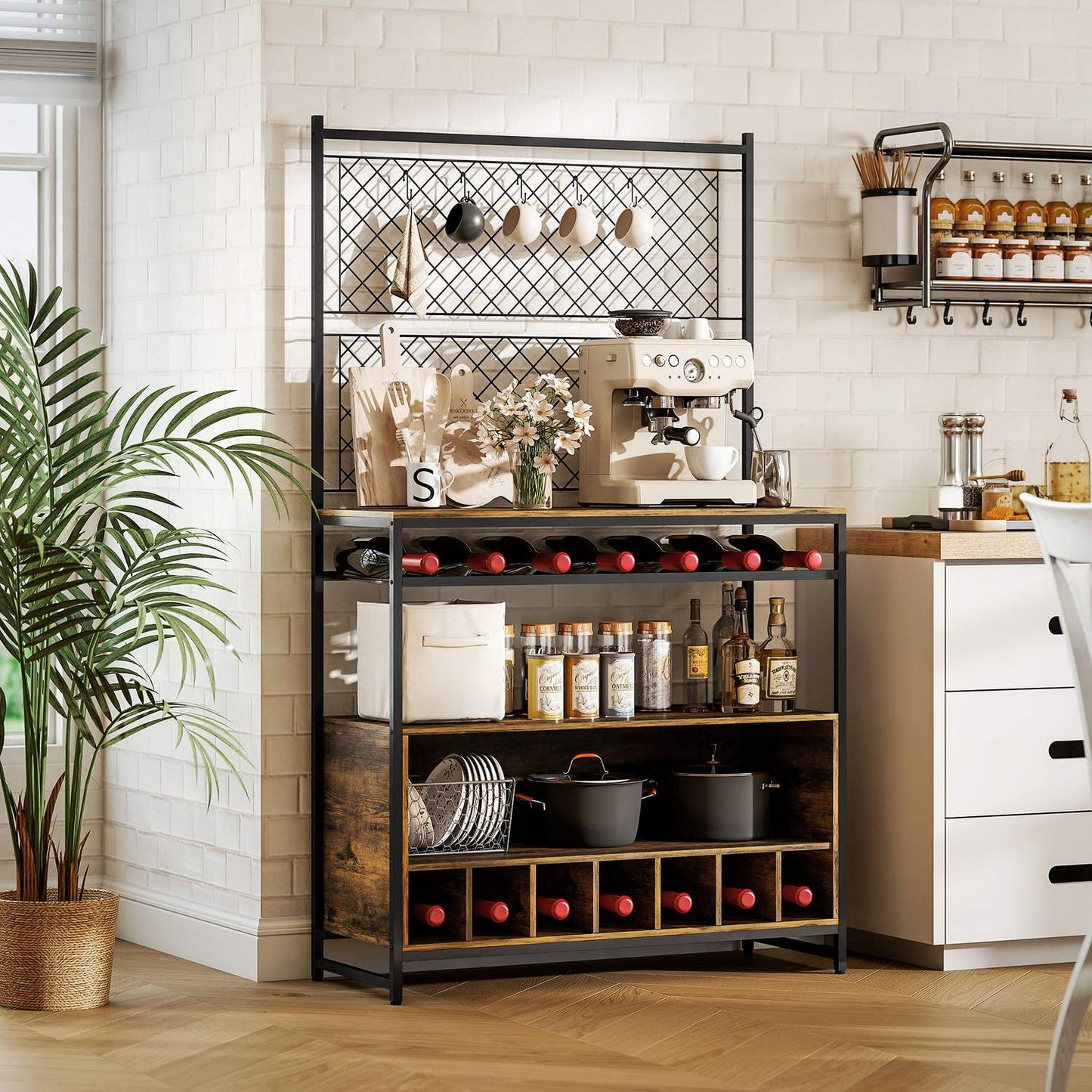 Kitchen Shelf with Hooks and Wine Rack, Rustic Brown