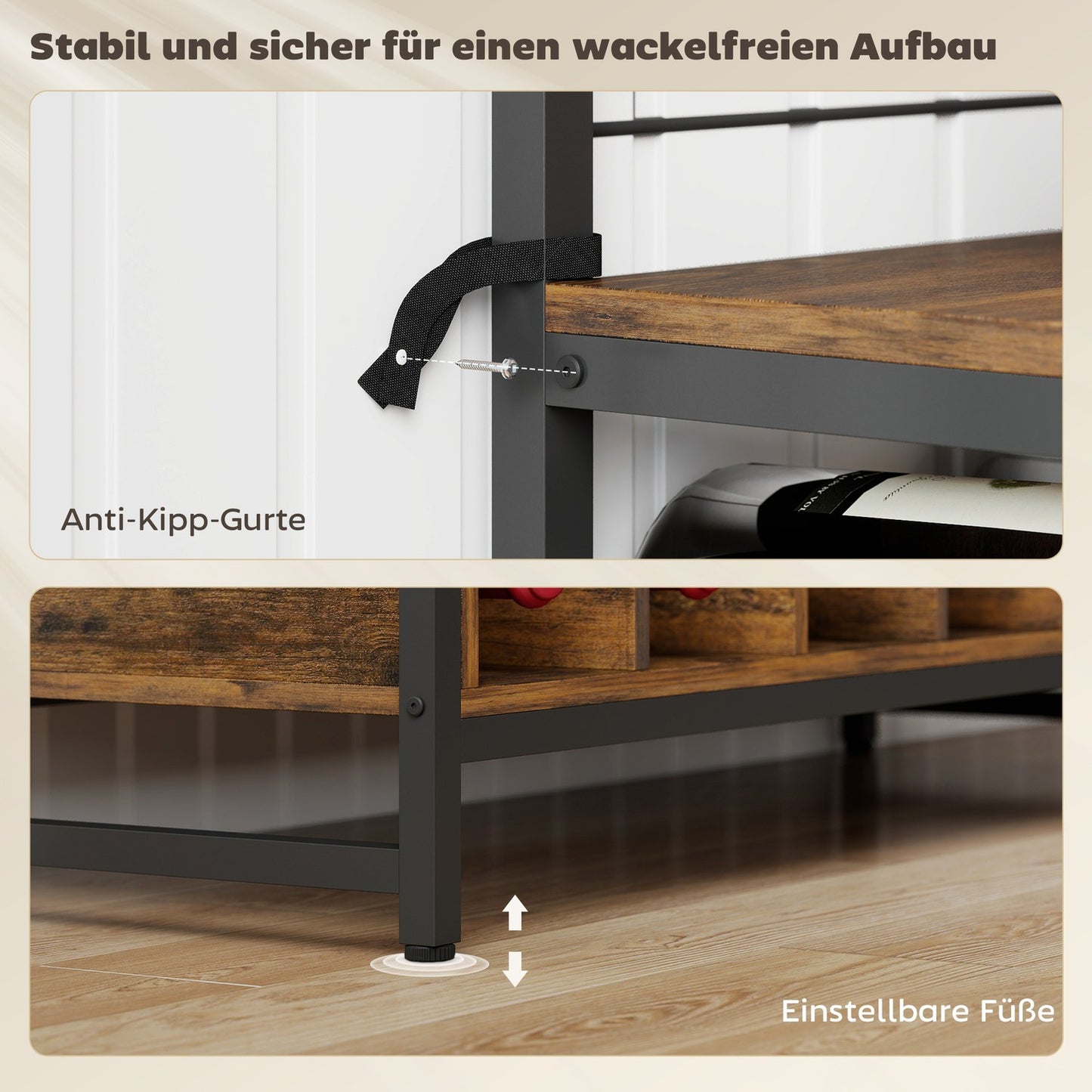Kitchen Shelf with Hooks and Wine Rack, Rustic Brown