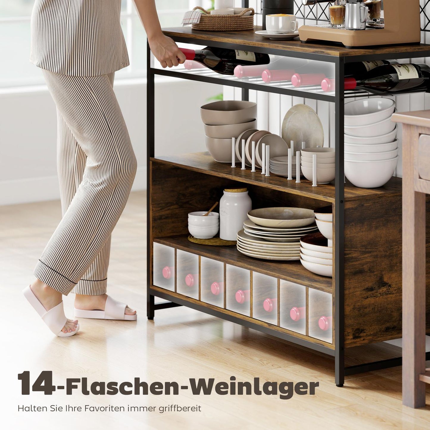 Kitchen Shelf with Hooks and Wine Rack, Rustic Brown