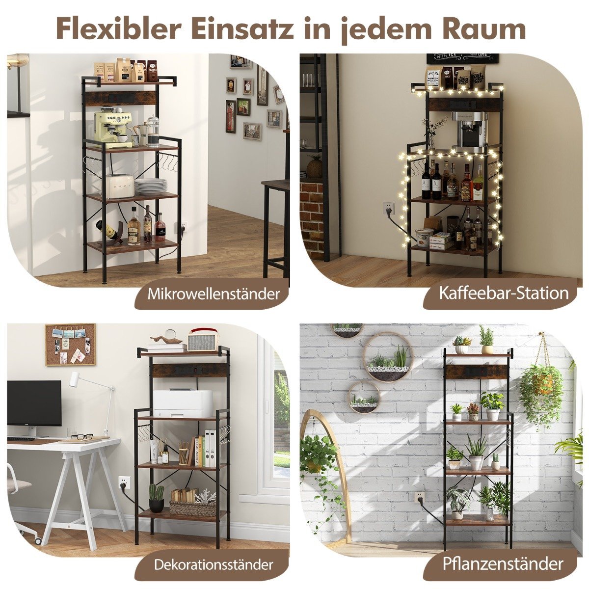 Kitchen Shelf with Outlet & 8 S-Hooks – Brown, 4-Tier