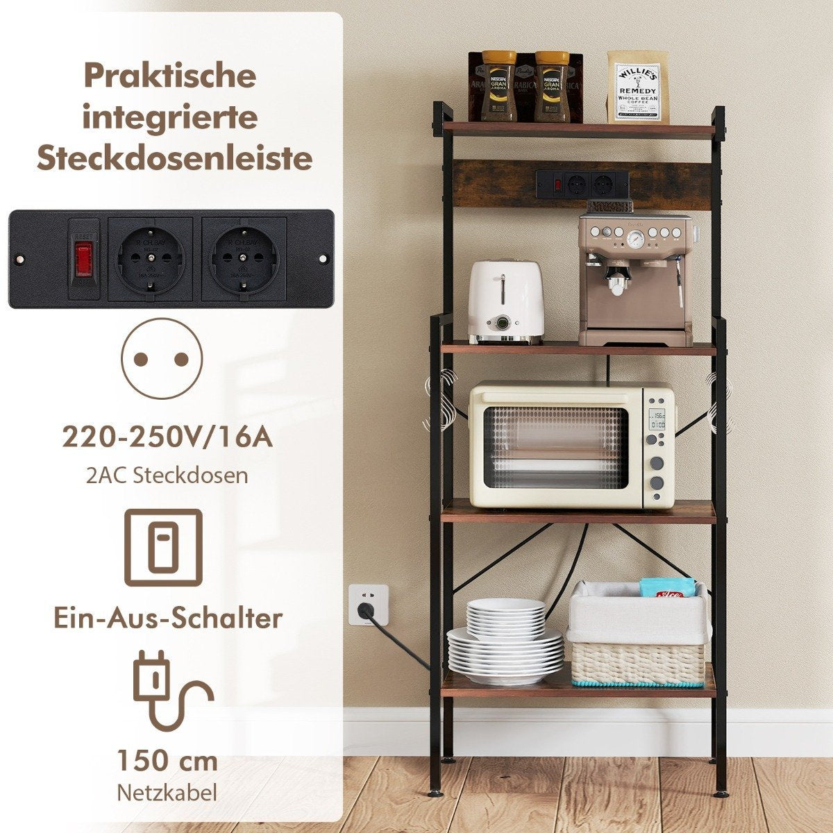 Kitchen Shelf with Outlet & 8 S-Hooks – Brown, 4-Tier