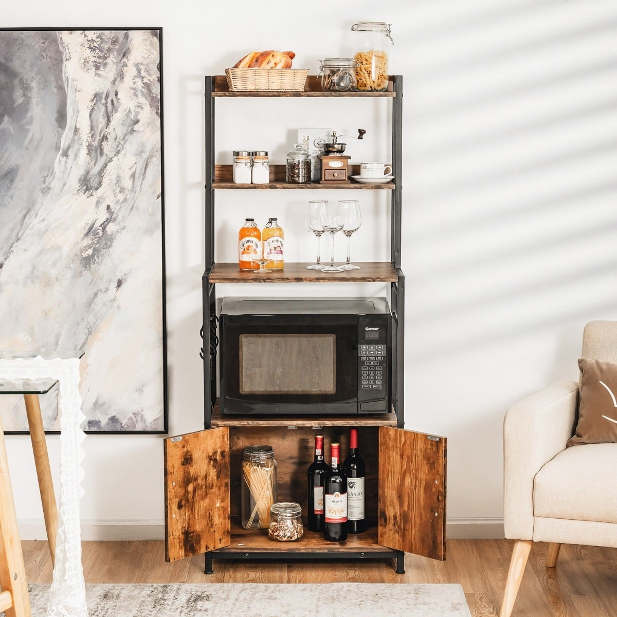 Kitchen Shelf with Storage Cabinet, Hooks & Adjustable Feet