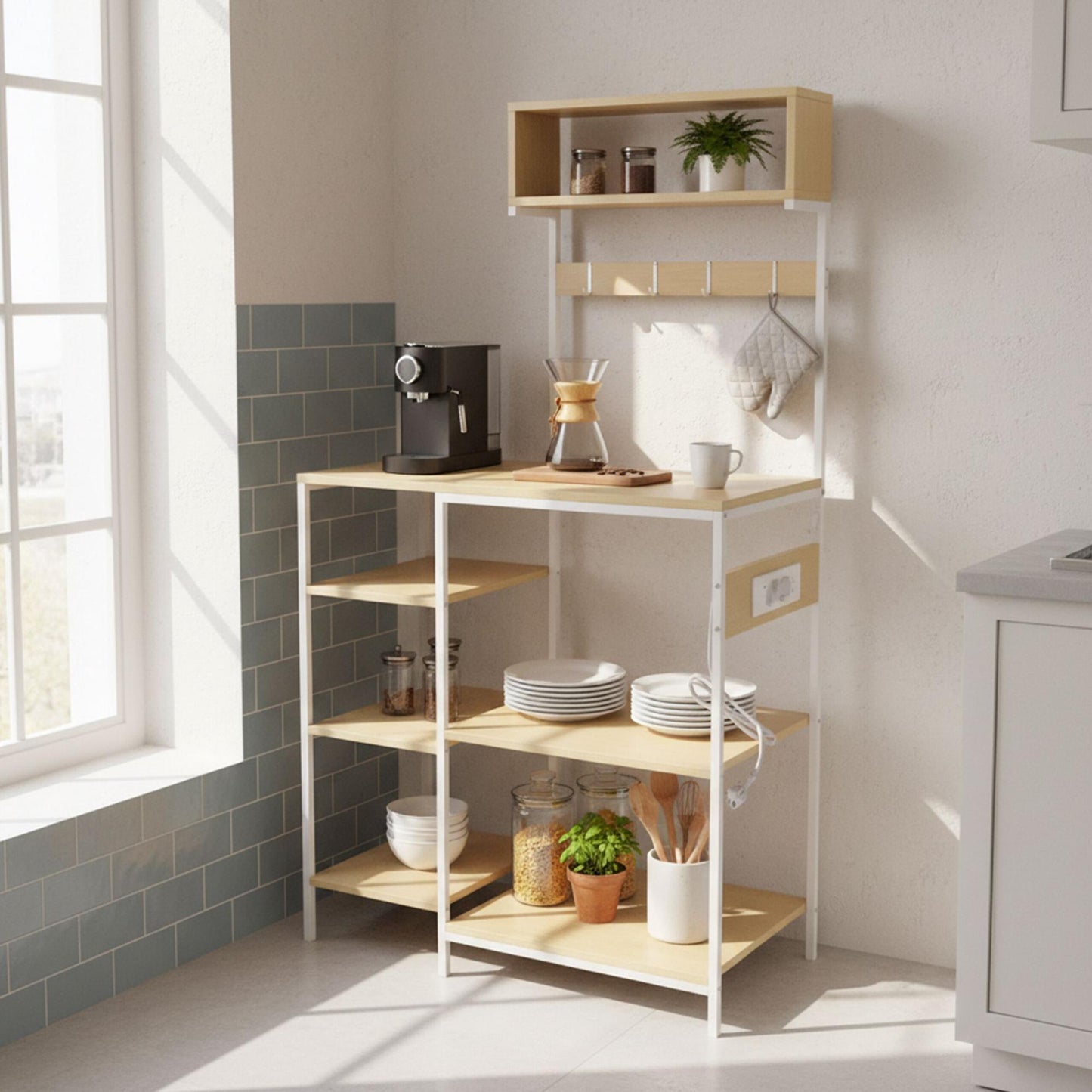 Kitchen Storage Shelf with Power Outlets and Hooks