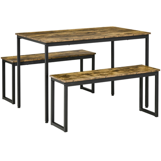 Industrial dining table set with benches, metal, rustic brown