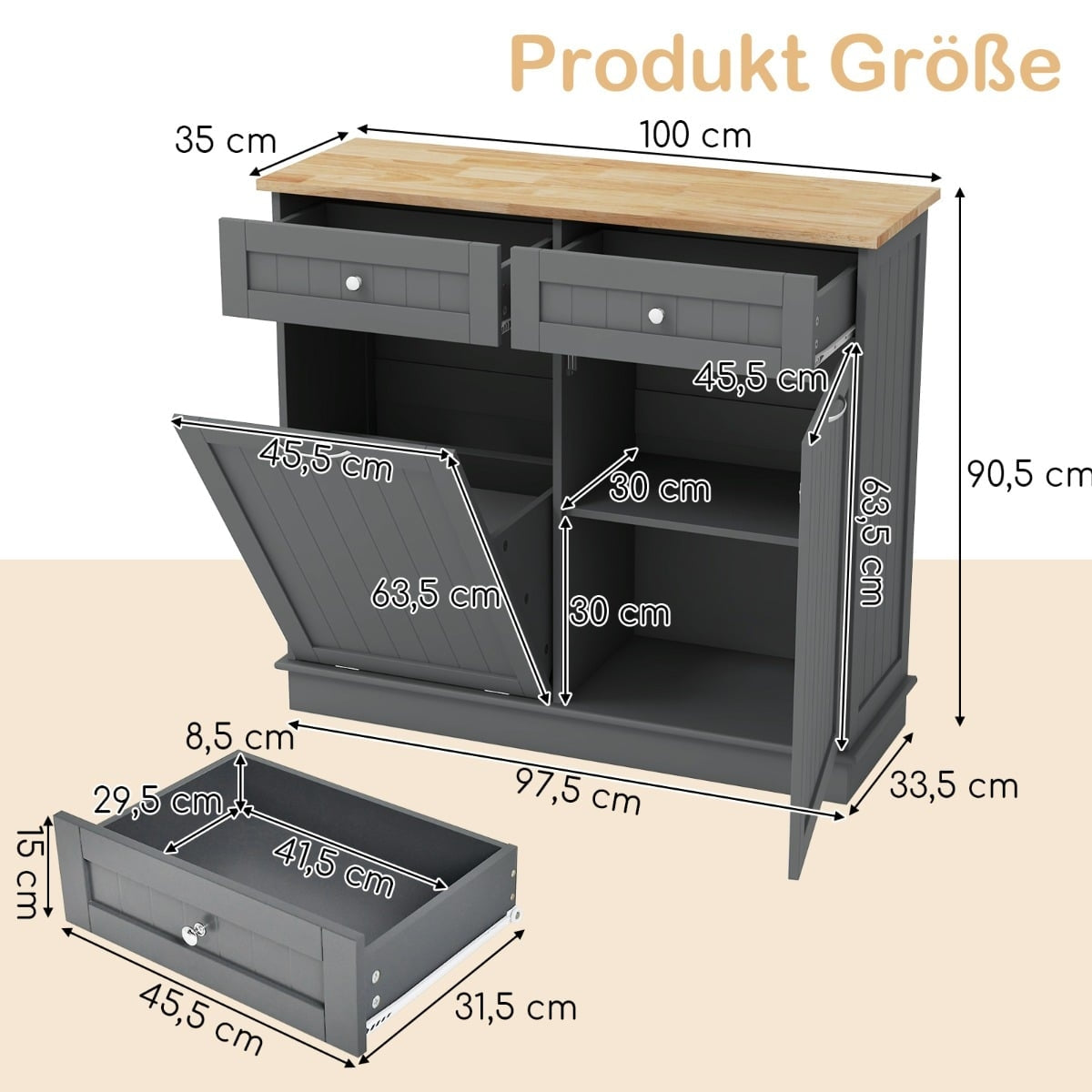 Kitchen Trash Cabinet with 42L Bin, Drawers & Shelf