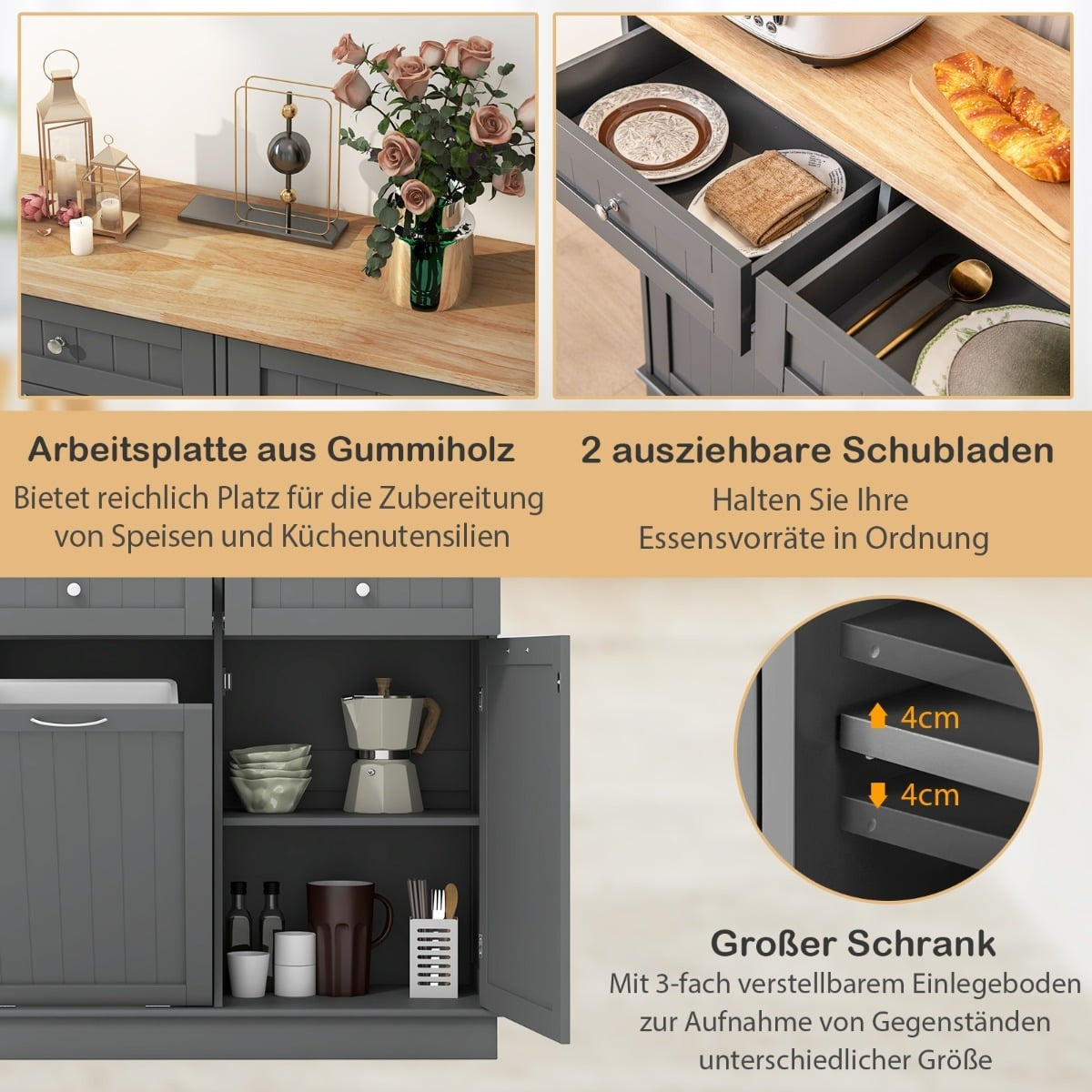 Kitchen Trash Cabinet with 42L Bin, Drawers & Shelf