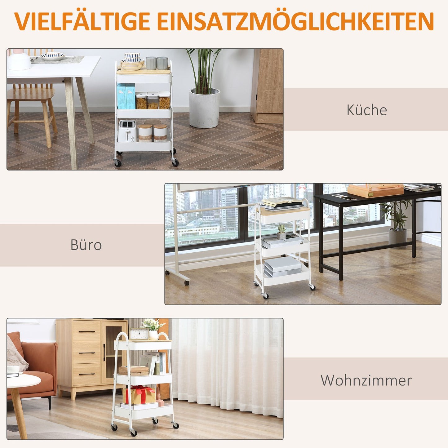3-level metal kitchen trolley with large storage, white