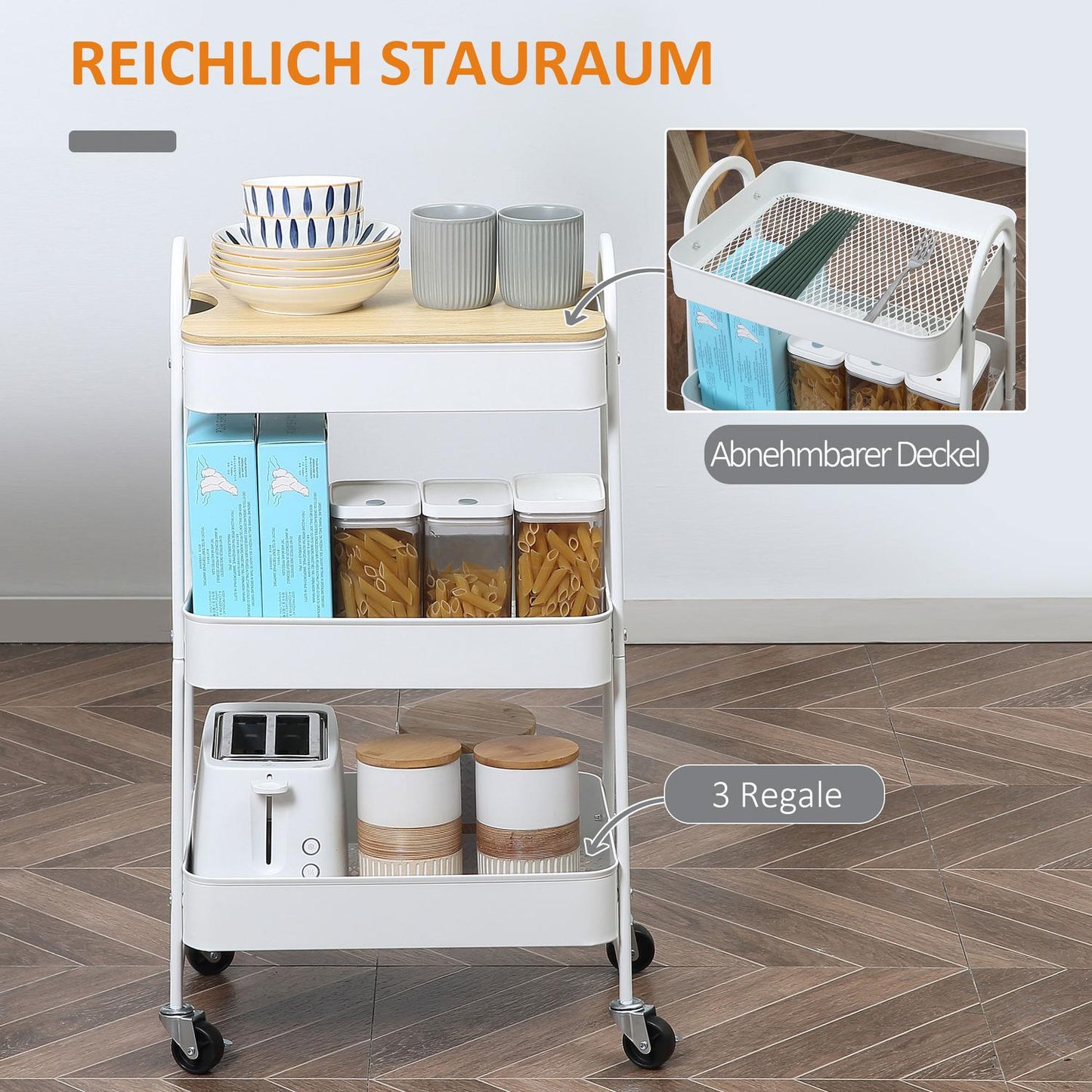 3-level metal kitchen trolley with large storage, white