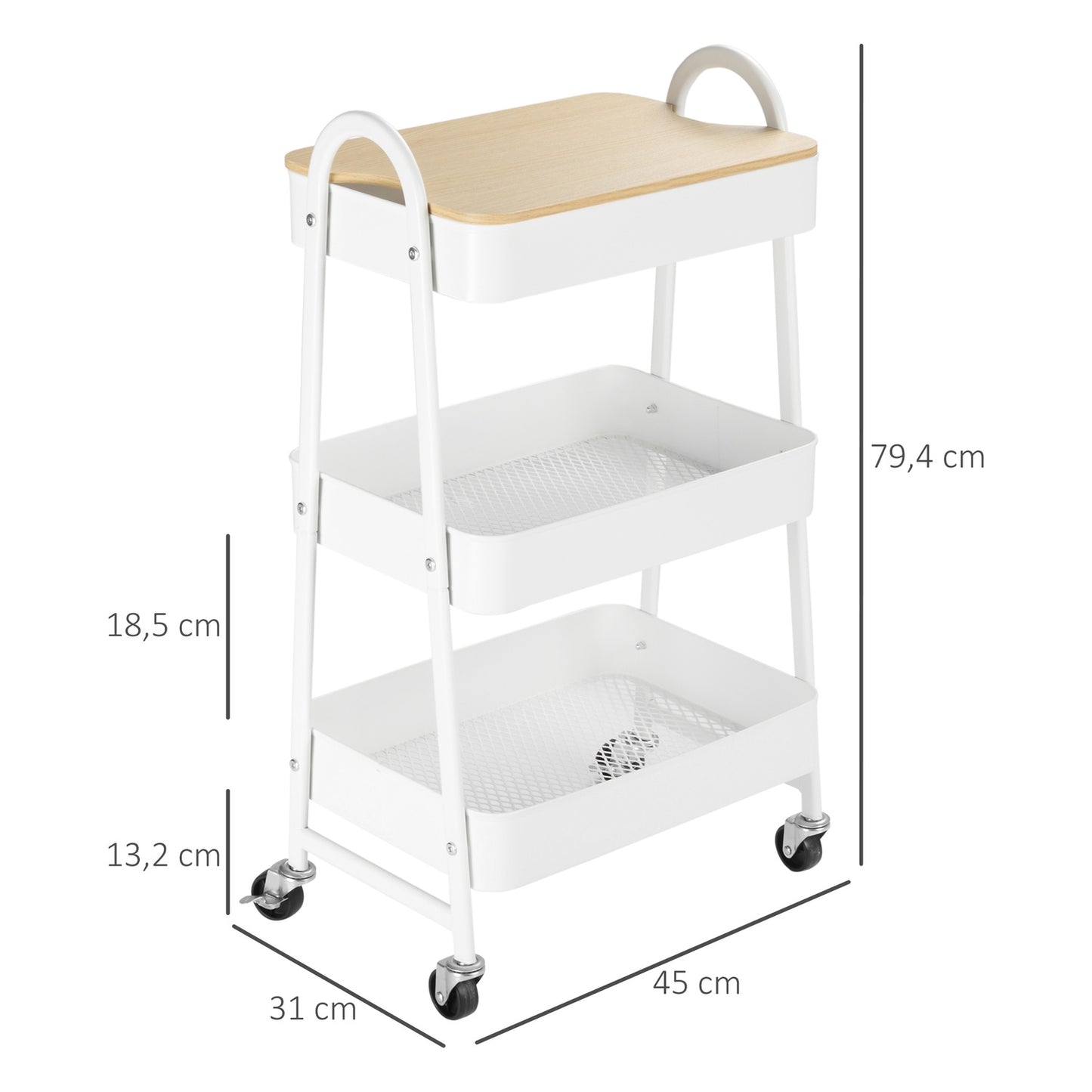 3-level metal kitchen trolley with large storage, white