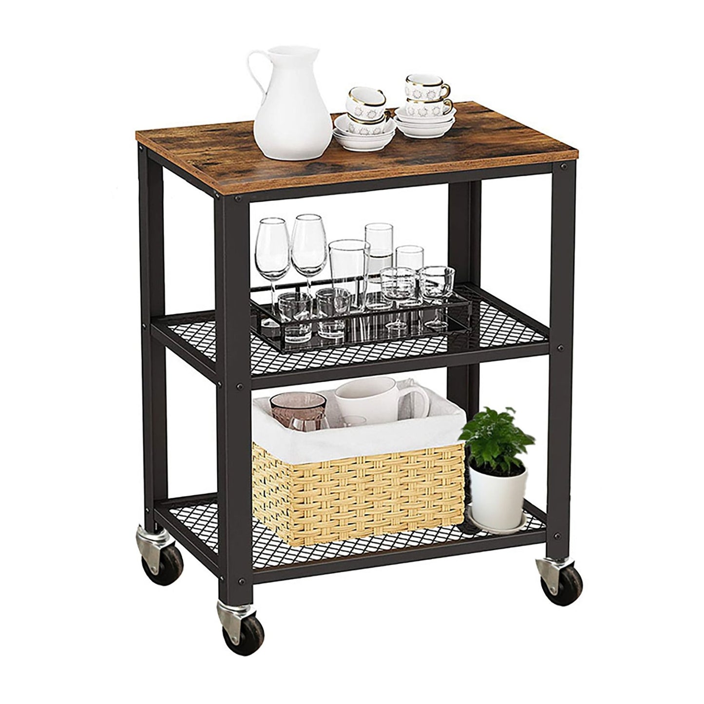 Kitchen Trolley, 3-Tier, Steel Frame, Wood Shelves