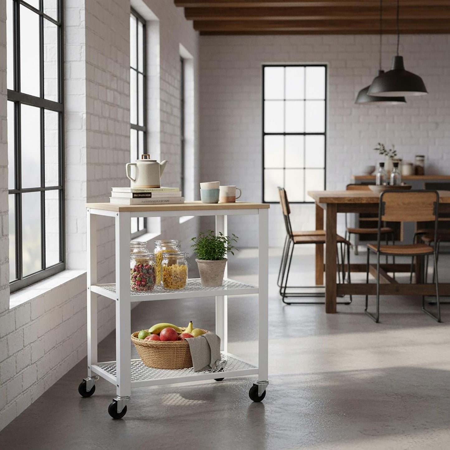 Kitchen Trolley, 3-Tier, Steel Frame, Wood Shelves