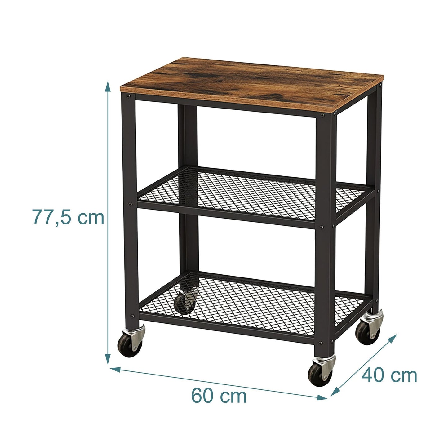 Kitchen Trolley, 3-Tier, Steel Frame, Wood Shelves
