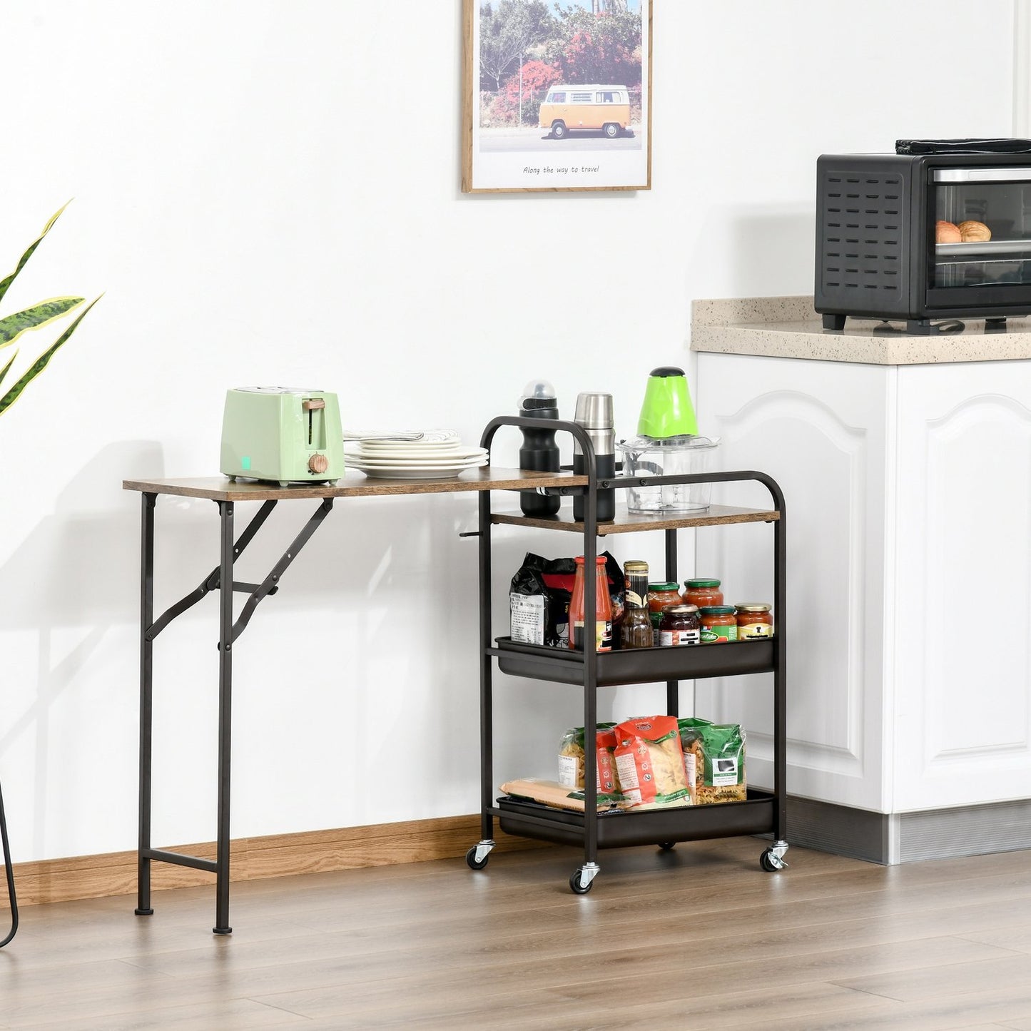 Kitchen trolley with folding table, 2 trays, wheels