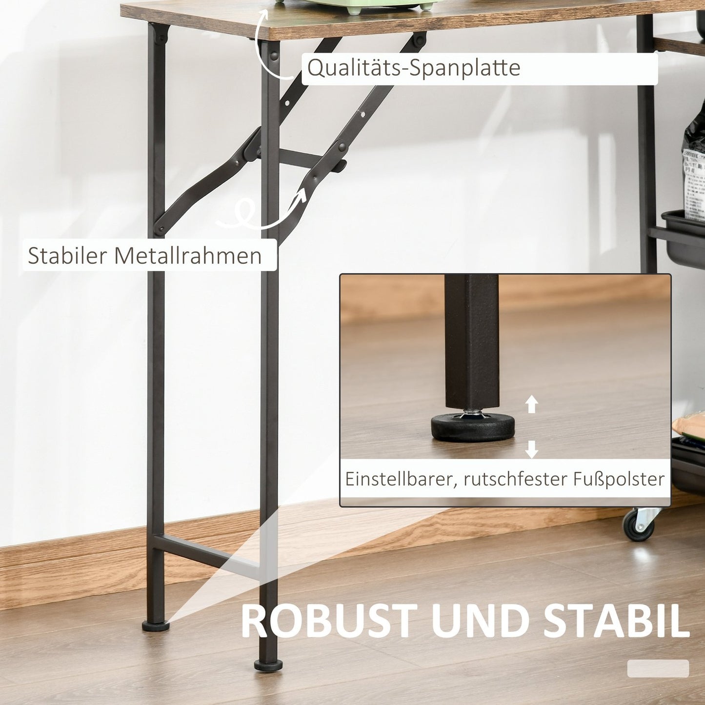 Kitchen trolley with folding table, 2 trays, wheels