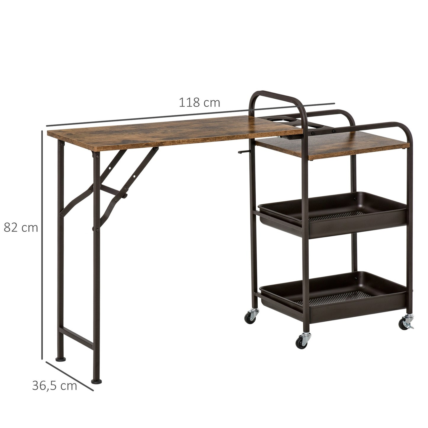 Kitchen trolley with folding table, 2 trays, wheels