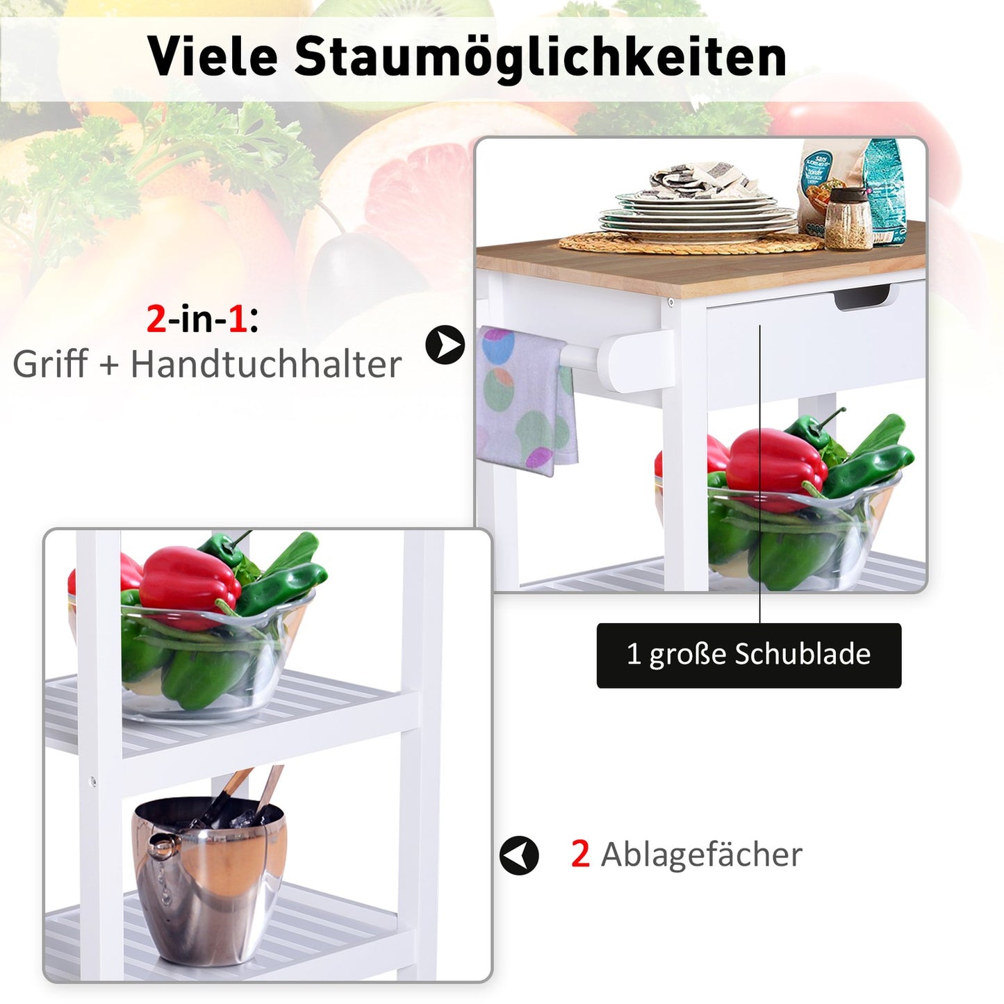 White wood Kitchen trolley with drawer, 64x39x84.5 cm