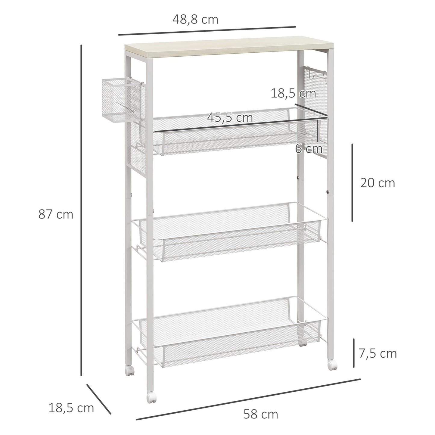 Kitchen trolley, 3-level with basket & hooks, white steel