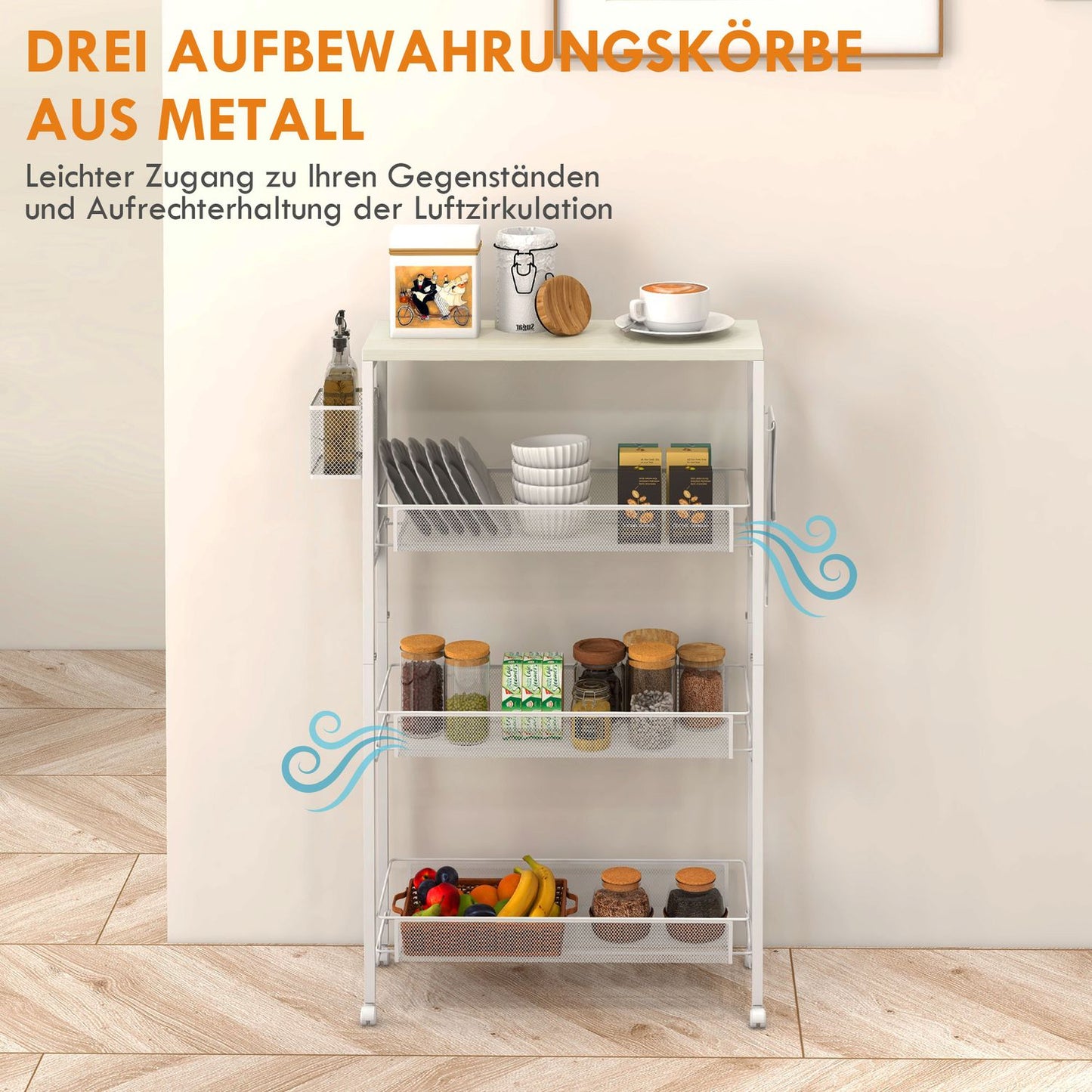 Kitchen trolley, 3-level with basket & hooks, white steel