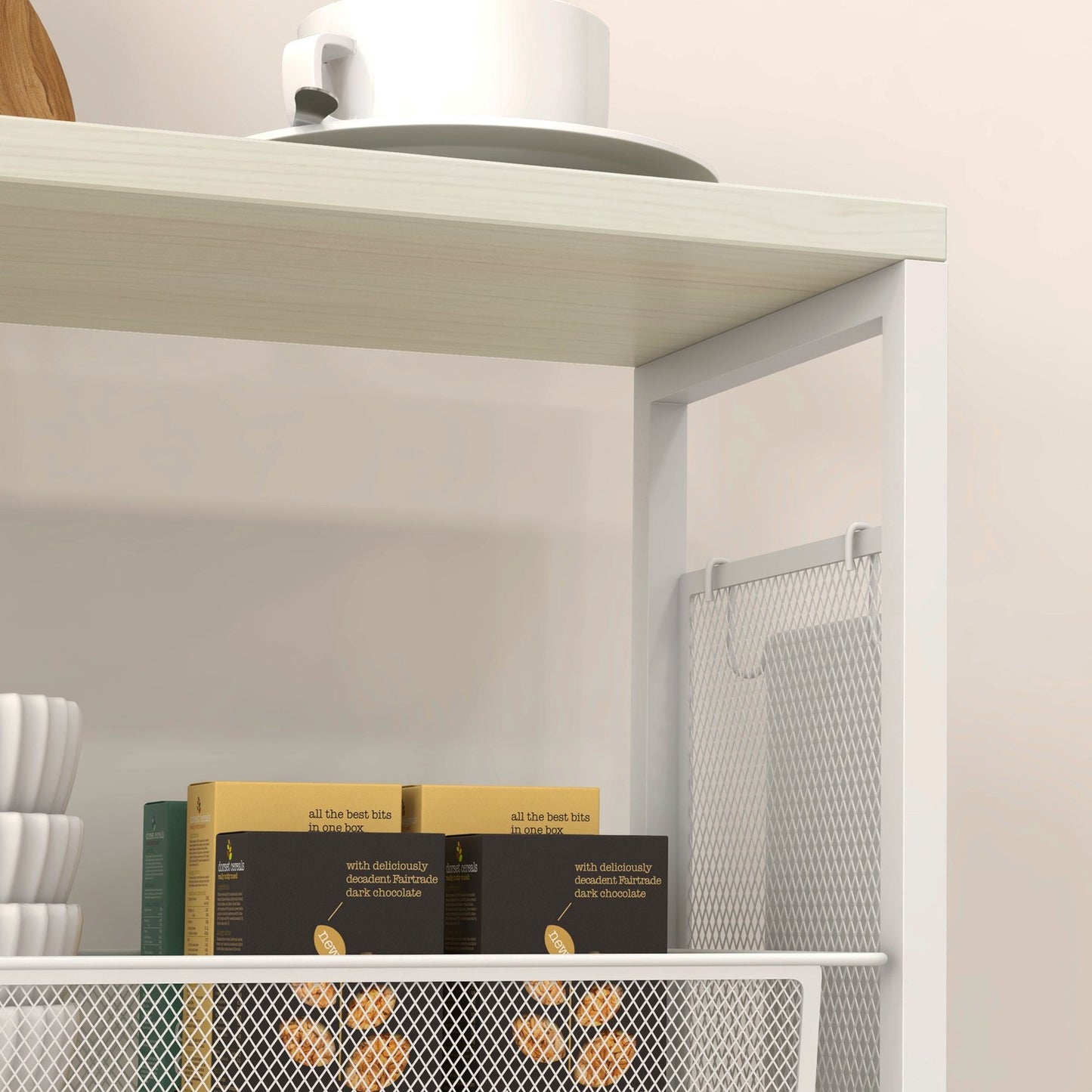 Kitchen trolley, 3-level with basket & hooks, white steel