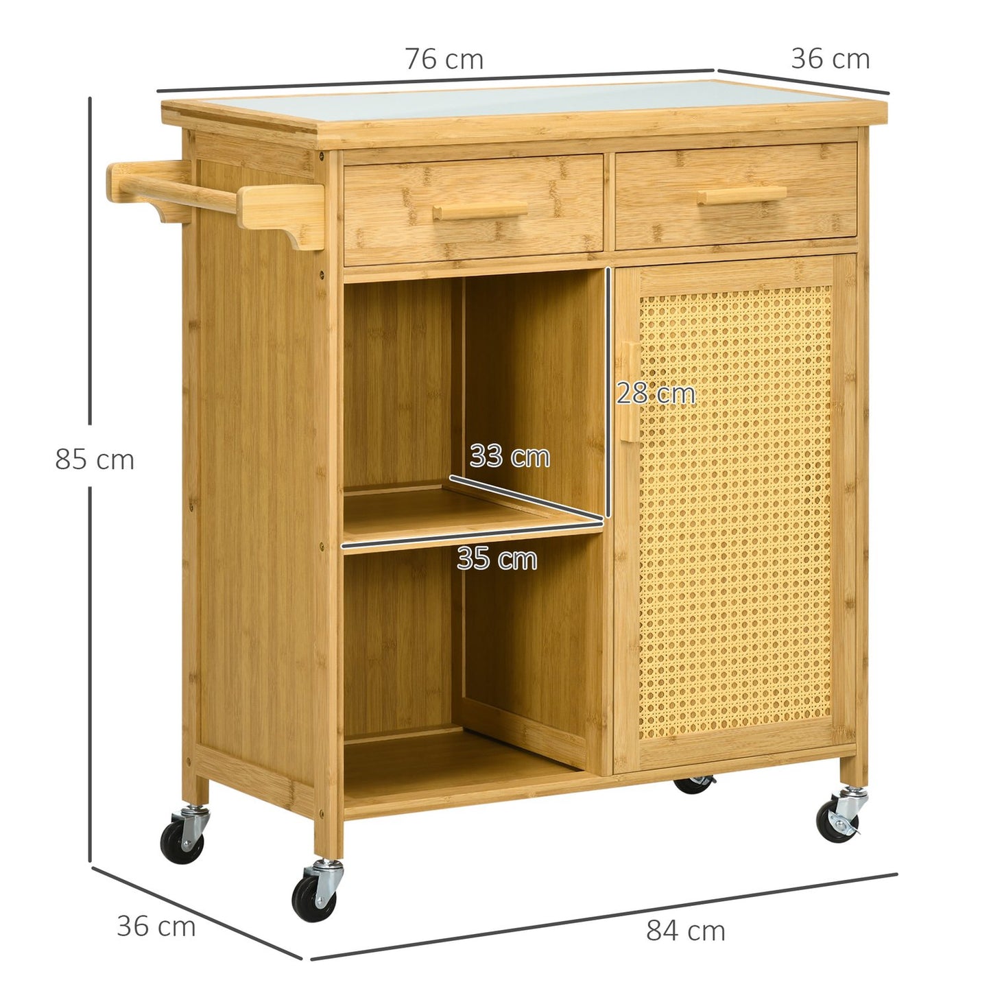 Bamboo kitchen trolley - drawer, cabinet, shelves, towel rack