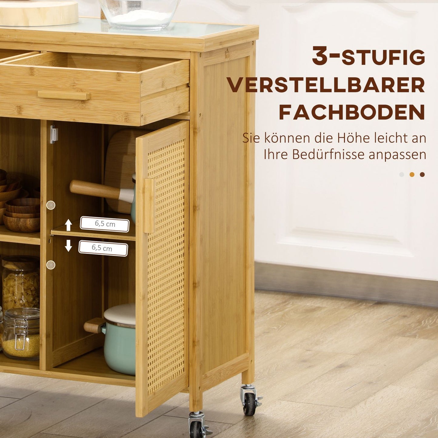 Bamboo kitchen trolley - drawer, cabinet, shelves, towel rack