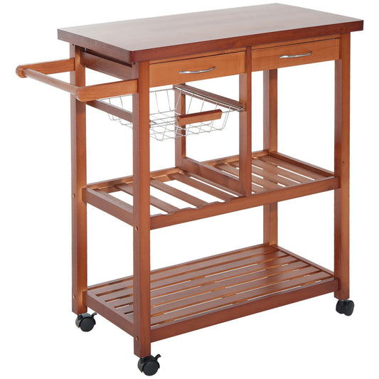 Wooden kitchen trolley with shelf, basket and wine rack