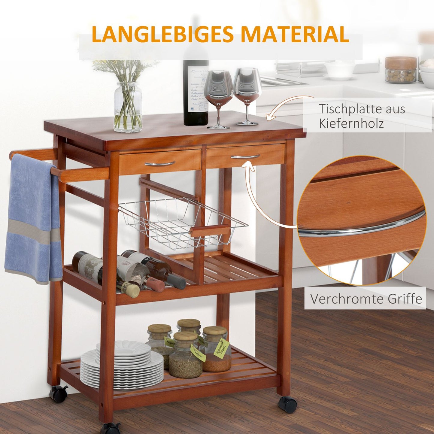 Wooden kitchen trolley with shelf, basket and wine rack