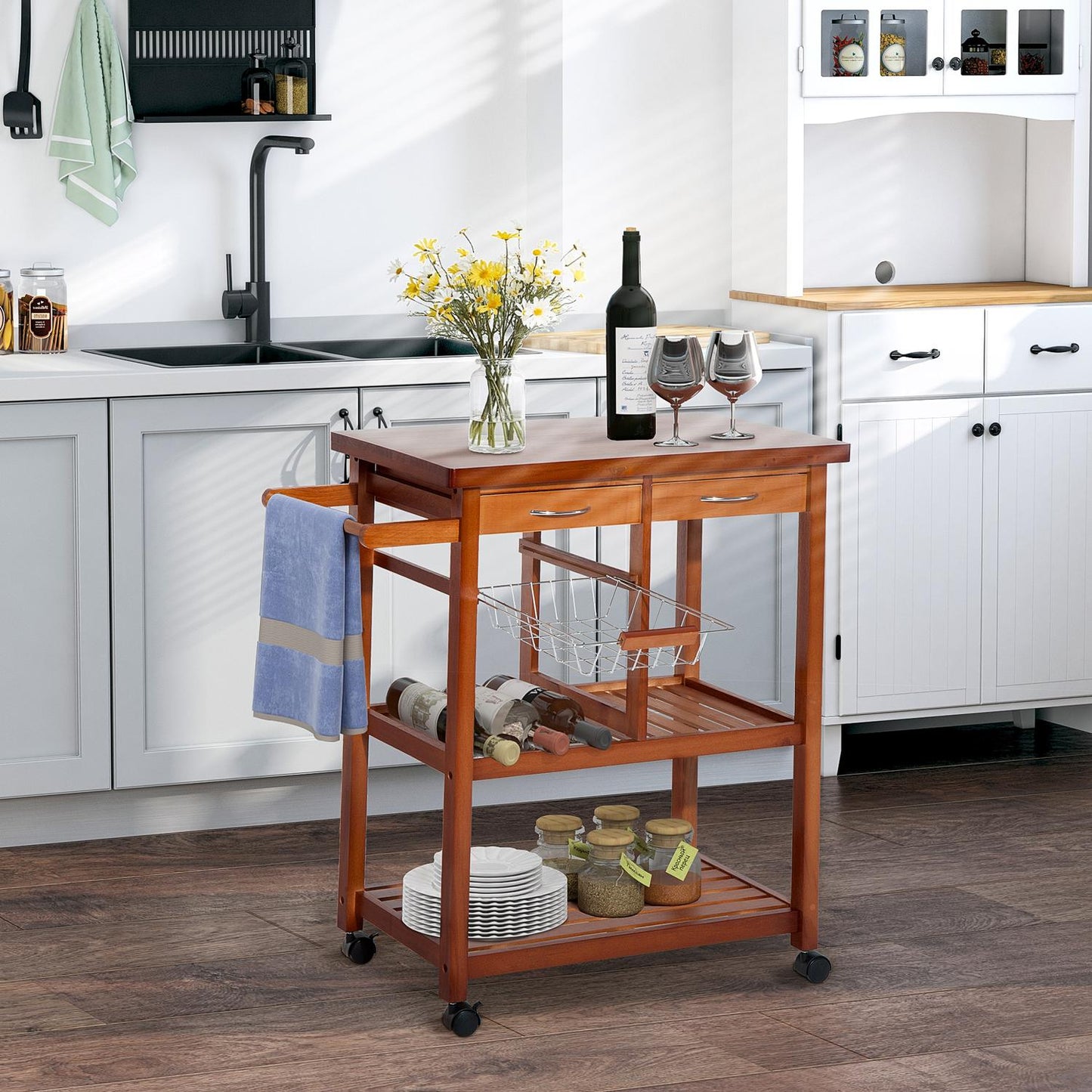 Wooden kitchen trolley with shelf, basket and wine rack