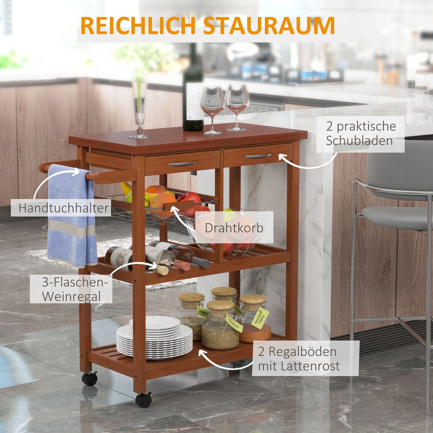 Wooden kitchen trolley with shelf, basket and wine rack
