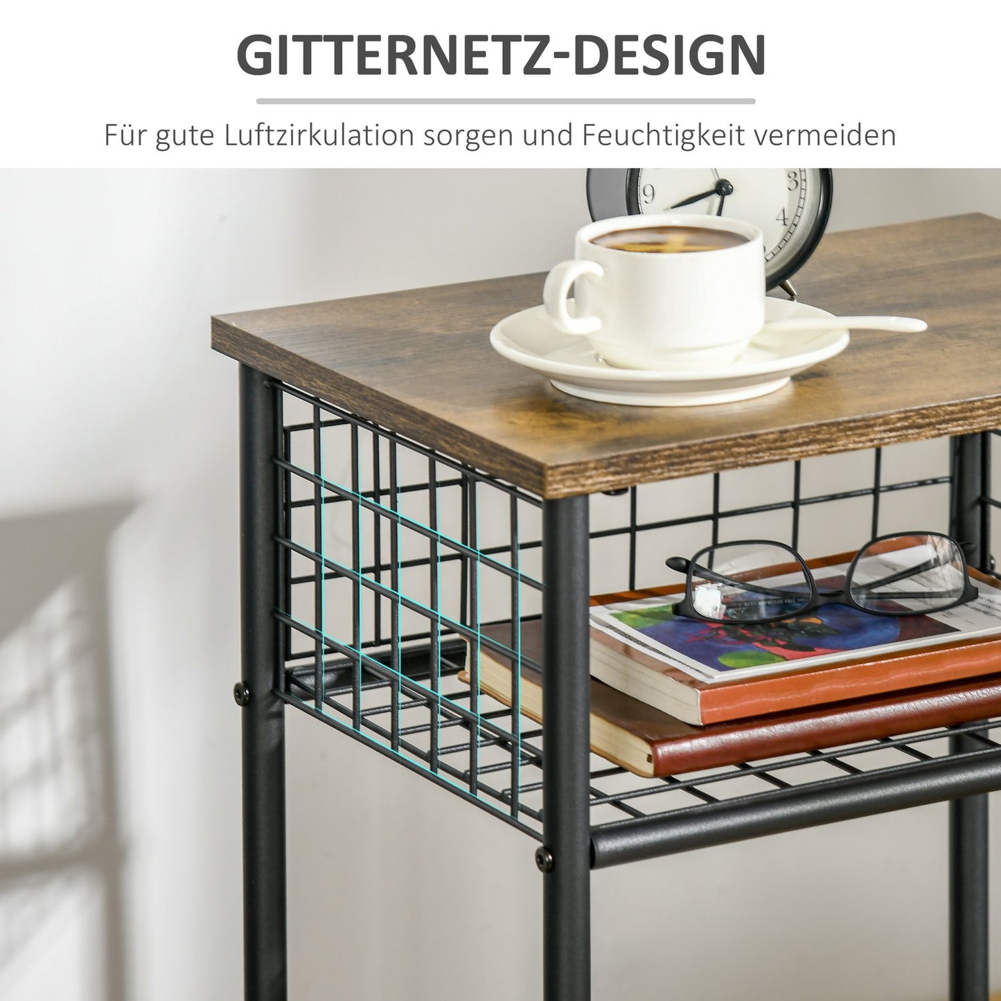 Rustic brown kitchen trolley, 2 storage baskets, swivel wheels