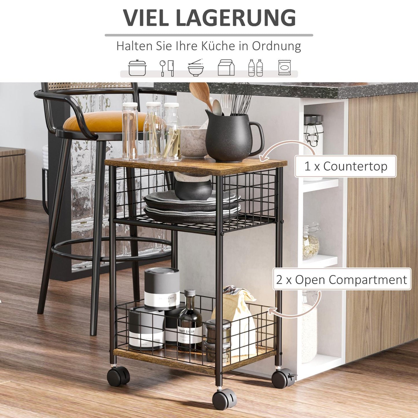 Rustic brown kitchen trolley, 2 storage baskets, swivel wheels