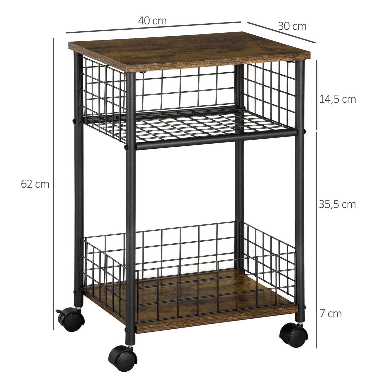 Rustic brown kitchen trolley, 2 storage baskets, swivel wheels
