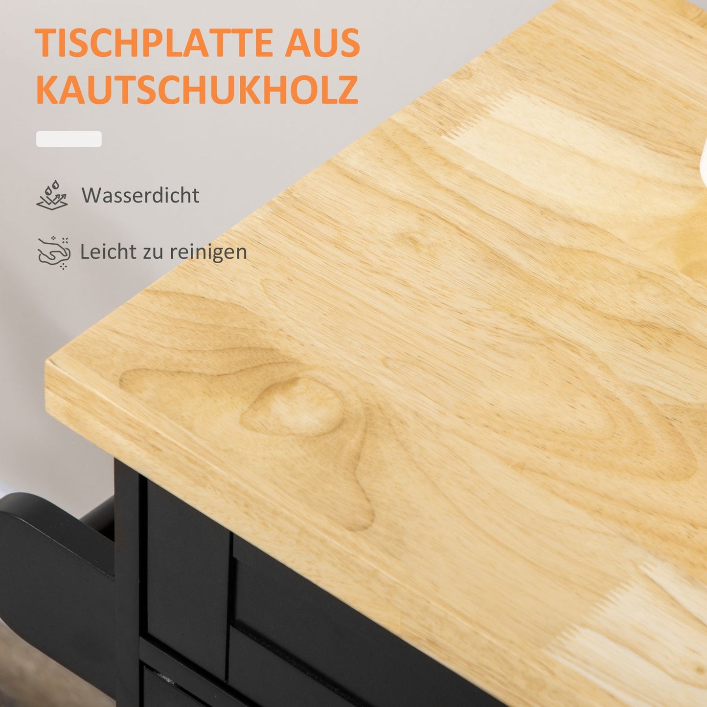 Black kitchen trolley with worktop, spice rack & towel holder