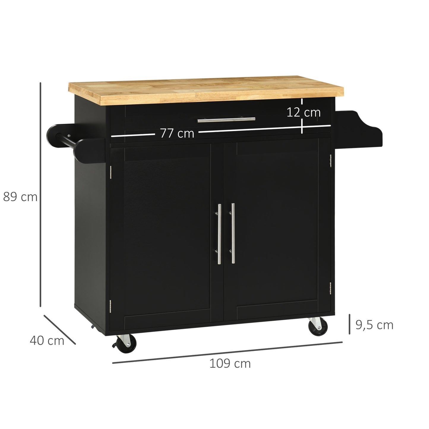 Black kitchen trolley with worktop, spice rack & towel holder