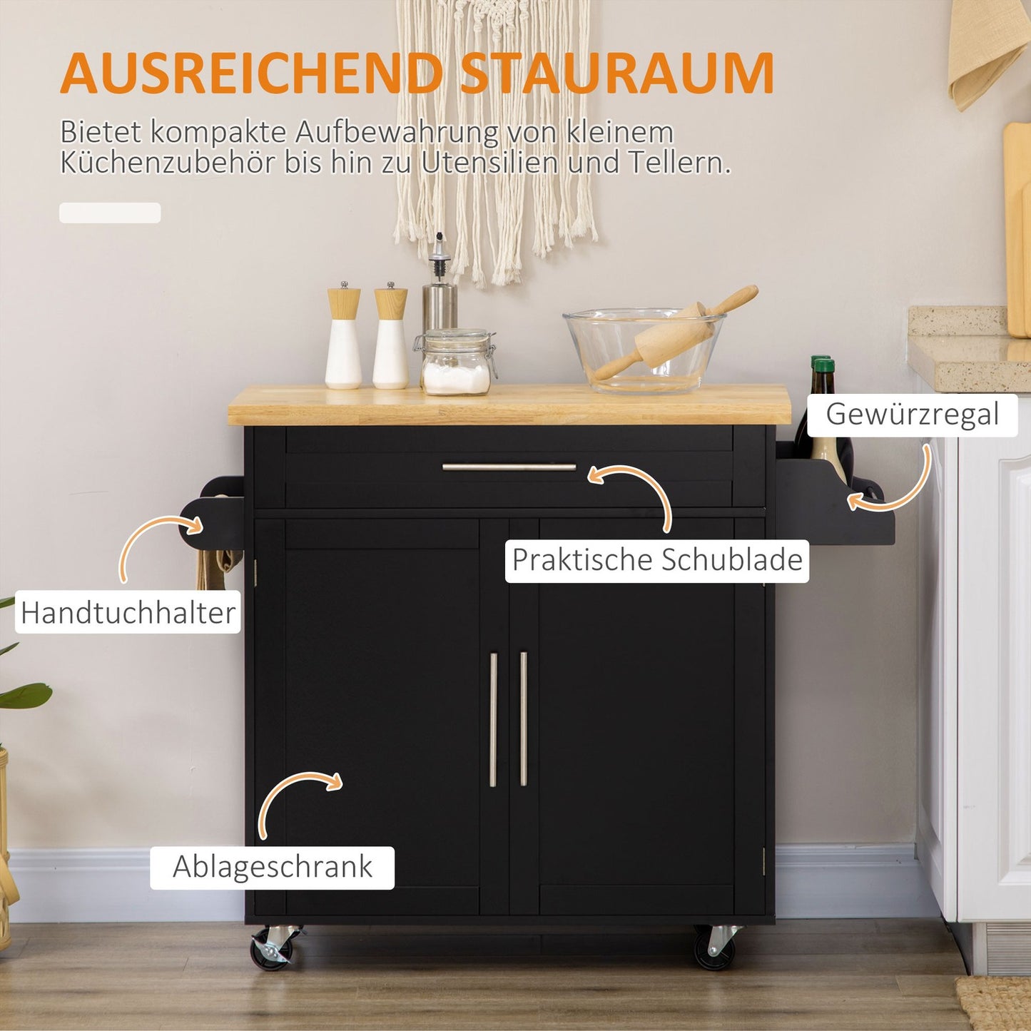 Black kitchen trolley with worktop, spice rack & towel holder