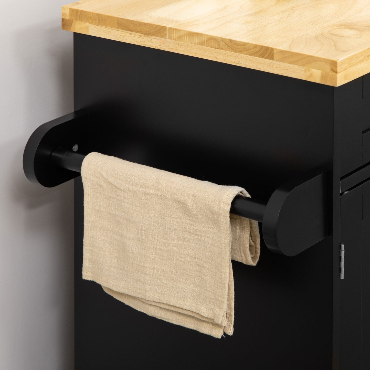 Black kitchen trolley with worktop, spice rack & towel holder