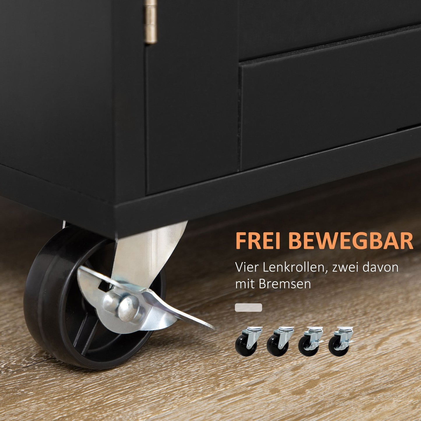 Black kitchen trolley with worktop, spice rack & towel holder