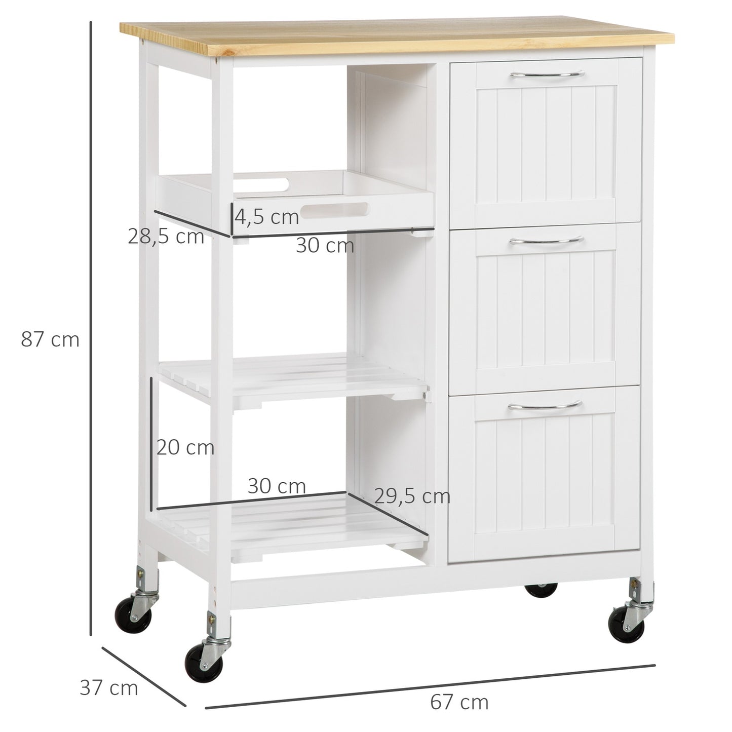 White kitchen trolley, 3-drawer 3-level storage with worktop