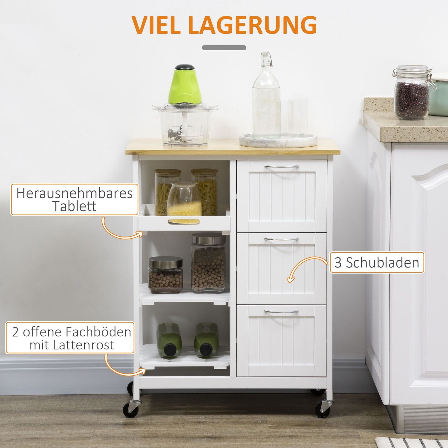 White kitchen trolley, 3-drawer 3-level storage with worktop