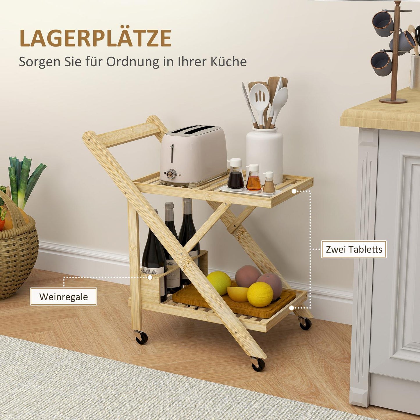 Bamboo kitchen trolley with wine rack and worktop