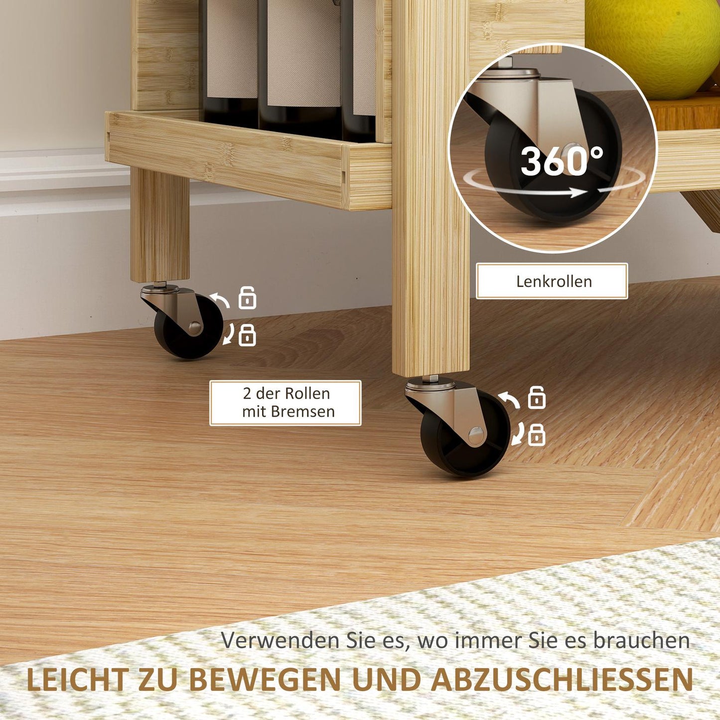 Bamboo kitchen trolley with wine rack and worktop