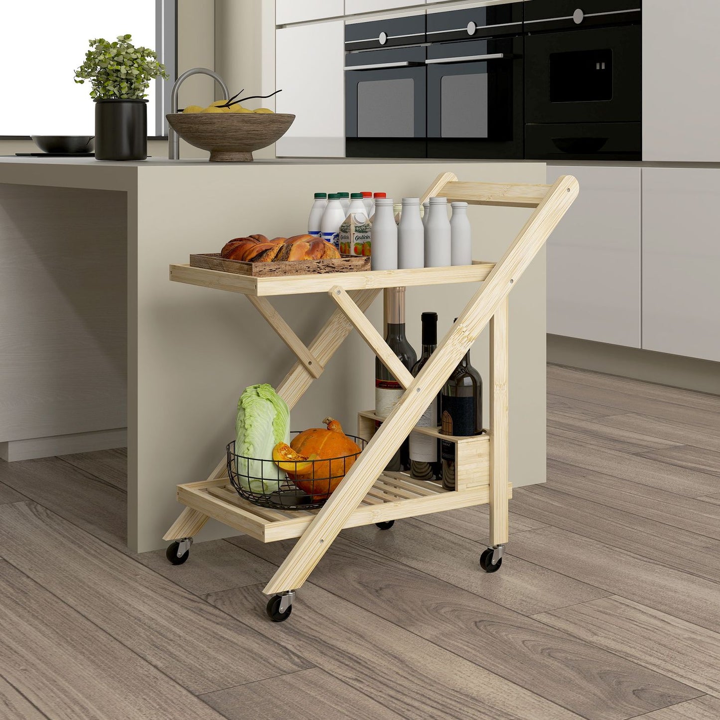Bamboo kitchen trolley with wine rack and worktop