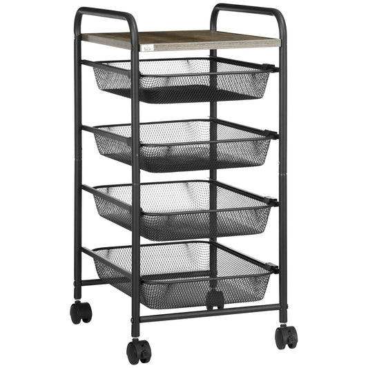 Steel kitchen trolley with wheels, 4 baskets - Black