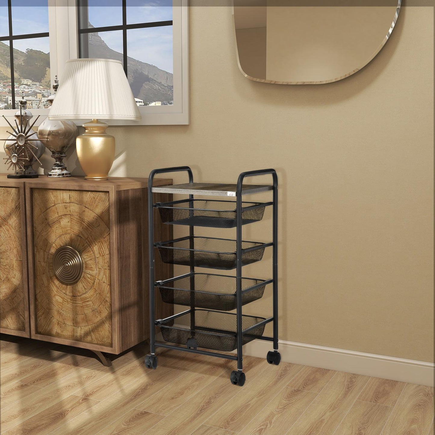 Steel kitchen trolley with wheels, 4 baskets - Black