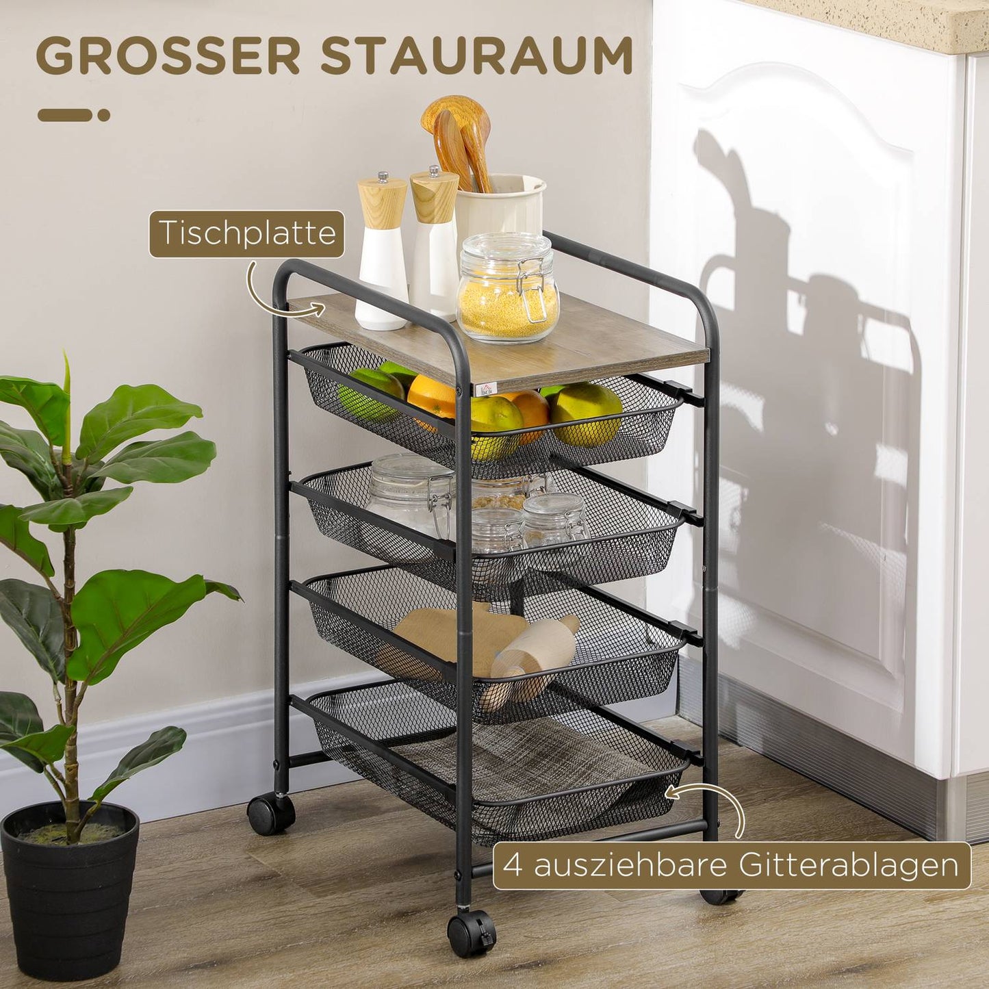 Steel kitchen trolley with wheels, 4 baskets - Black