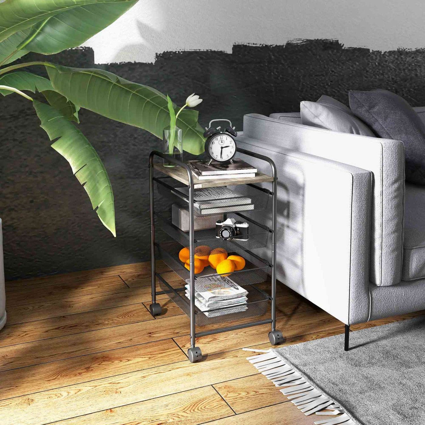 Steel kitchen trolley with wheels, 4 baskets - Black