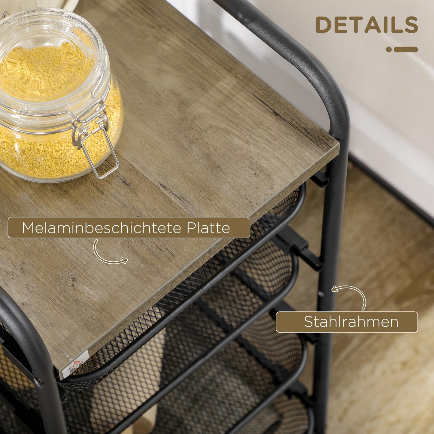 Steel kitchen trolley with wheels, 4 baskets - Black