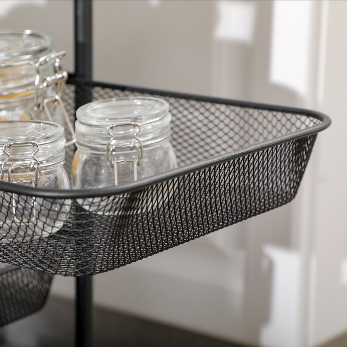 Steel kitchen trolley with wheels, 4 baskets - Black