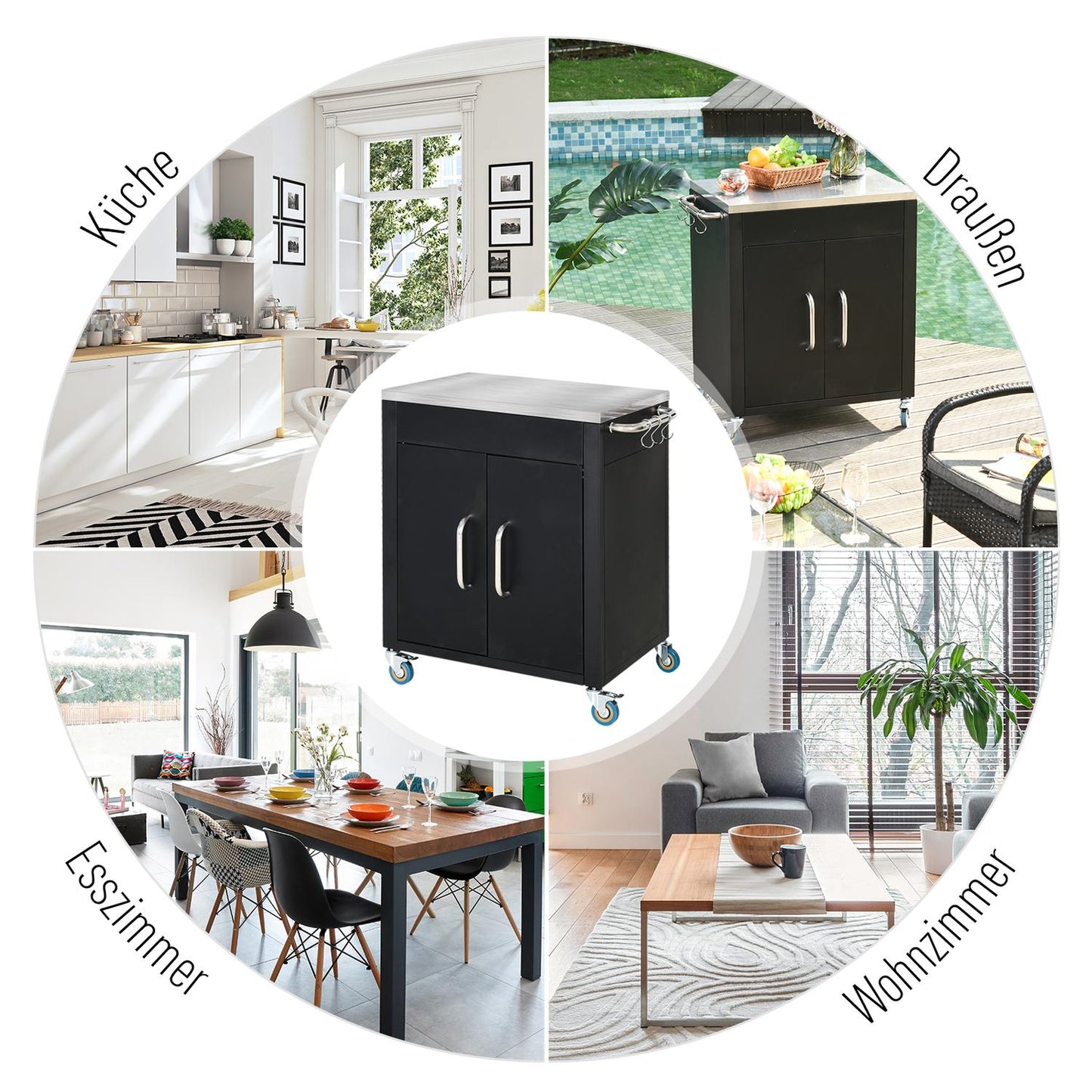 Kitchen trolley with wheels and cabinet, Black, 86x50x86.5 cm