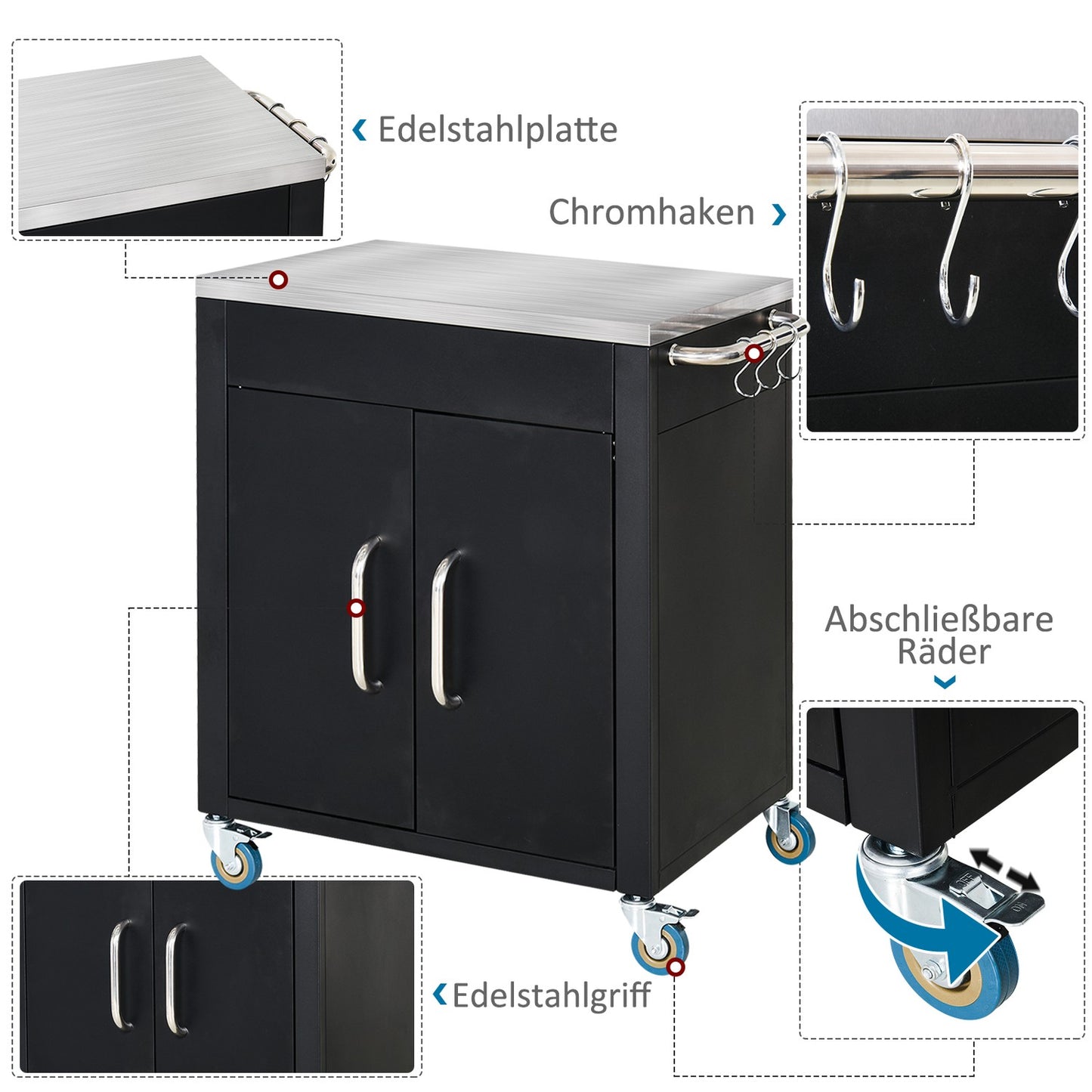 Kitchen trolley with wheels and cabinet, Black, 86x50x86.5 cm